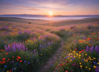 Obraz premium Sunrise Over Vibrant Wildflower Field with Path in Soft Light
