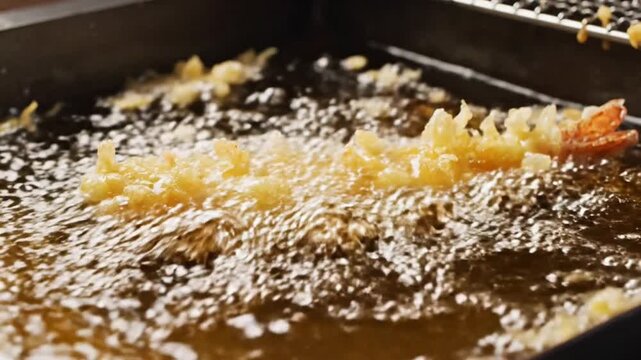 Crispy Tempura Shrimp Frying in Hot Oil.
