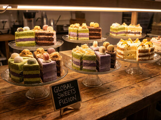 AI-Generated image of Colorful Layered Cakes with International Flavors. A bakery display of artistic layered cakes topped with macarons, cream, and fruit, labeled “Global Sweets Fusion
