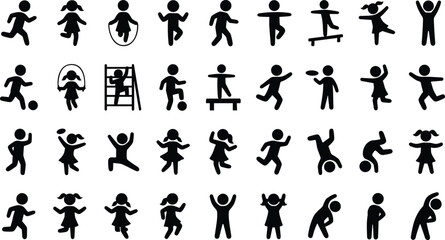 Children activity silhouette icon set, black playful movement and posture illustration, physical education and recreational motion concept graphic