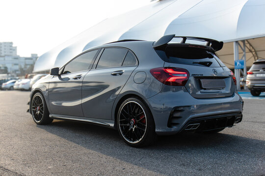 November 26, 2020, Seoul, South Korea - A gray Mercedes-AMG A 45 high-performance hatchback parked in an outdoor lot.
