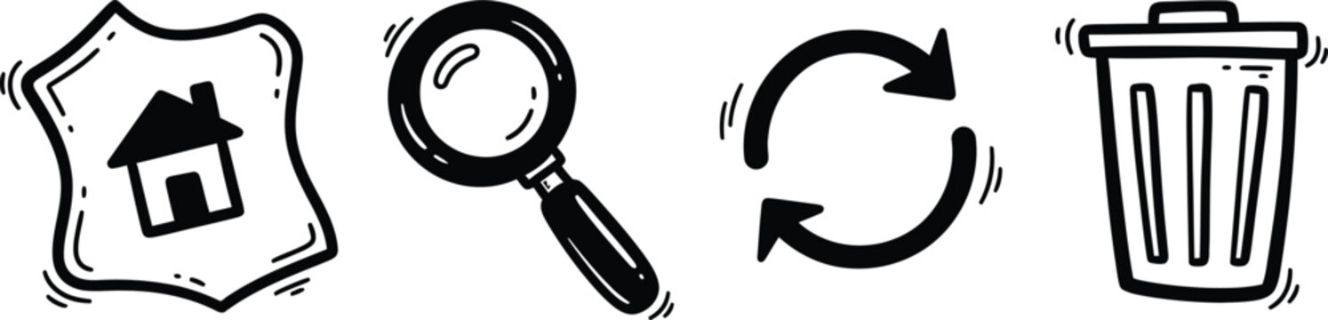 A set of four hand-drawn doodle icons on a single image a wobbly home button, a crooked search magnifying glass, a rough refresh arrow, and an imperfect trash can