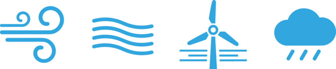 Weather icons with wind, breeze, turbine, rain cloud, blue design, renewable energy, air movement, precipitation, vector illustration