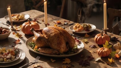 Thanksgiving Feast - A Festive Table with Roasted Turkey and Autumnal Decor.