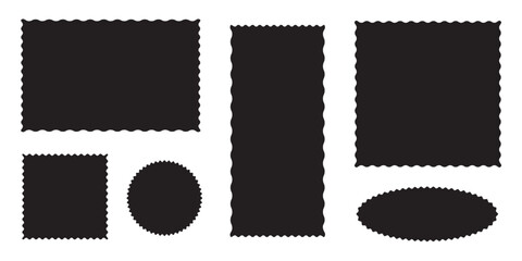 Whimsical Coquette wavy edge stickers rectangle, oval and circle shapes. Vector jagged geometric designs. Abstract Rectangle, square frames with wiggly borders. Rectangle shape frame with zigzag edge