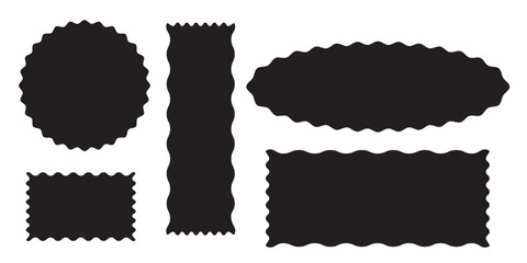 Whimsical Coquette wavy edge stickers rectangle, oval and circle shapes. Vector jagged geometric designs. Abstract Rectangle, square frames with wiggly borders. Rectangle shape frame with zigzag edge