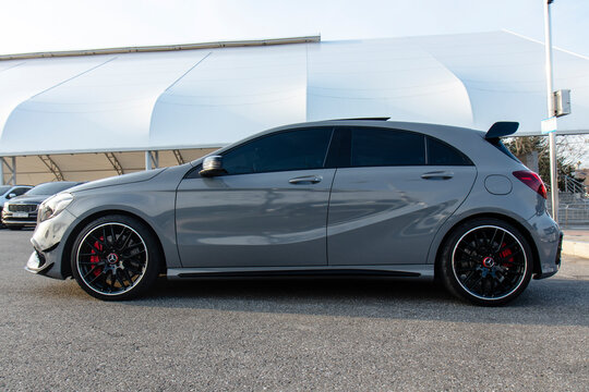 November 26, 2020, Seoul, South Korea - A grey Mercedes-Benz A45 AMG performance hatchback parked outdoors.