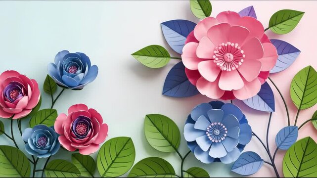 Paper art flowers on a colorful background. Floral composition for spring design. Craft paper cutting scene with botanical element.