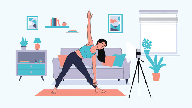 Focused woman performing a serene triangle yoga pose in her bright living room, with a smartphone on a tripod, possibly recording an online class or tutorial.