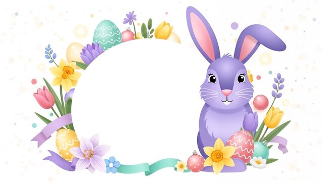 Adorable Easter bunny and festive frame of spring flowers and eggs, white background with space for text 
