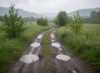 Fototapeta premium Scenic Country Road Surrounded by Lush Greenery and Rainy Weather