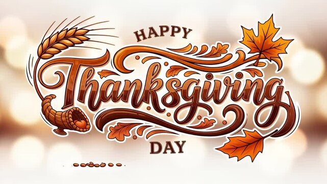 Happy thanksgiving day animated card with festive autumn elements on warm bokeh background