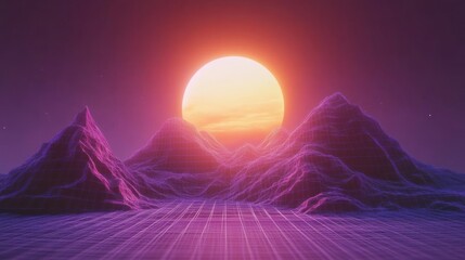 Retro sunset over wireframe mountains.