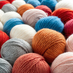 Natural sheep wool for knitting. White, blue, orange, red and pink color