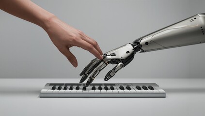 Artistic minimalist composition with a human hand and robotic hand overlapping above a keyboard. Neutral background, soft shadows, strong focus on unity, trust, and future collaboration.