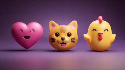 Fototapeta premium Set of three 3D emoji icons featuring heart, cat, and chicken.