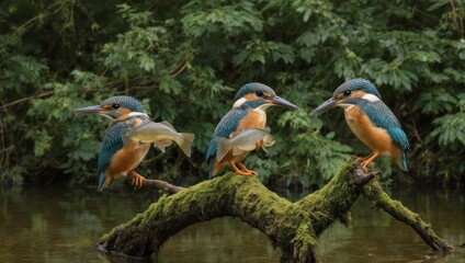 Three colorful kingfishers perched on a mossy branch near water.