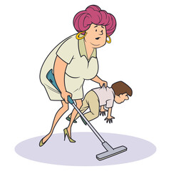 Funny woman pulling boy with vacuum.