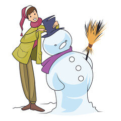 Amused woman builds funny snowman.