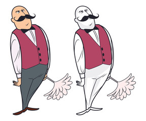 Dapper cartoon butler with duster.