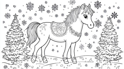 Winter scene coloring page featuring a horse.  Snowy landscape with pine trees and snowflakes.  Ornate saddle and mane
