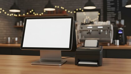 A modern digital screen and payment terminal sit on a wooden counter in a cozy cafe with string lights.