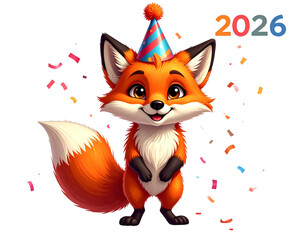 Fototapeta premium Cute Fox Celebrating 2026 New Year with Party Hat and Confetti, Front View, Isolated on White