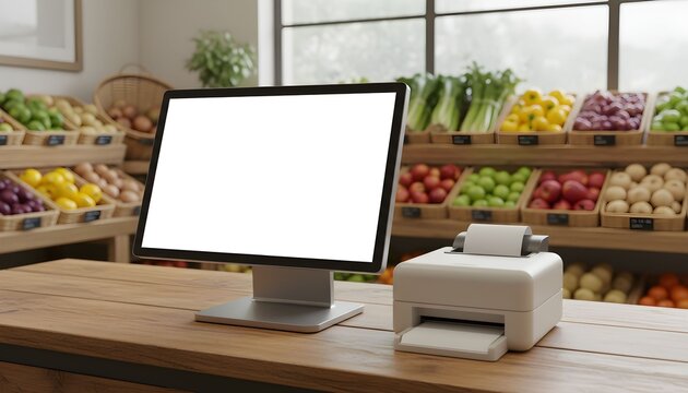 A modern checkout system with a blank screen display sits on a wooden counter in a grocery store surrounded by fresh produce on shelves. - Powered by Adobe