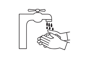 Simple line drawing of hands washing under a faucet with water droplets