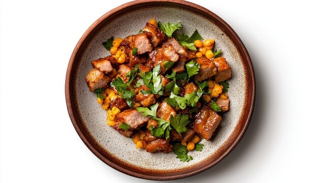 Delicious savory dish featu grilled meat chunks served over seasoned yellow rice with fresh herbs and vegetables in a rustic bowl
