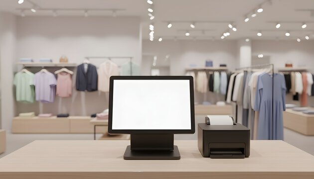 Cash register and receipt printer on a counter in a modern clothing store blank screen for copyspace retail point of sale system