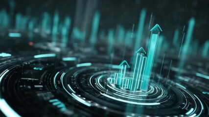 Digital glowing bar chart with rising arrows above futuristic concentric tech rings on dark blurred background, symbolizing data growth - Powered by Adobe