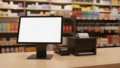 Modern point of sale system with blank screen receipt printer and card reader on a retail counter ready for customization