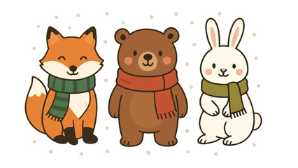 Cute Winter Animals Fox Bear and Rabbit Wearing Scarves Set