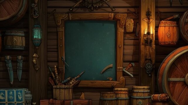 Pirate-style wooden tavern interior with barrels, weapons, and lanterns surrounding a blank chalkboard on a rustic plank wall background