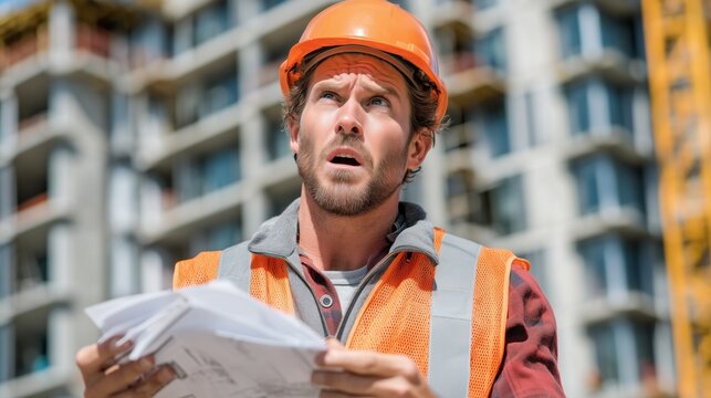 Man in hard hat and safety vest looking up in surprise while holding blueprints