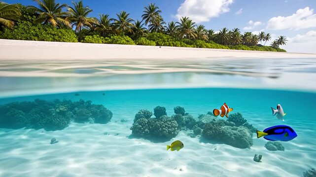 Underwater split shot showing tropical fish swimming over coral reef near a white sand beach with palm trees
