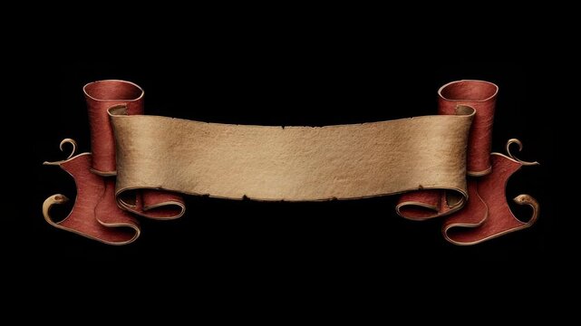 A vintage curled scroll ribbon in red and beige tones with worn texture, styled realistically on a black background, concept of classic elegance