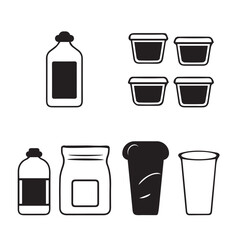 Simple black and white line drawing of various food containers and bottles