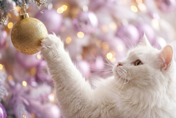 The cat reaches its paw for the Christmas tree ornament. 