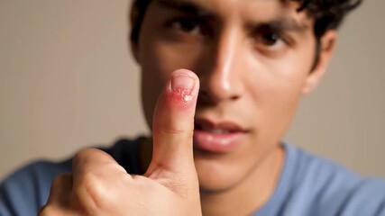 Expressive Young Man Gesturing Thoughtfully with Hand and Showing Surprise in Close-Up