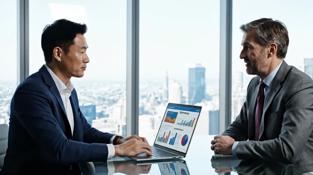 Two businessmen reviewing sales charts on a laptop in a modern highrise office meeting