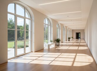 Obraz premium Bright and airy hallway with large windows and modern architecture