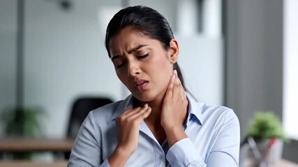Businesswoman Experiencing Neck Pain At Office Due To Stress Or Discomfort