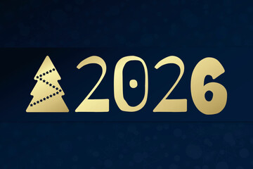 2026 Happy New Year vector with Christmas tree greeting card. Stars and snowflake background. Blue and gold illustration for celebration, congratulation, decoration, winter holiday, web design