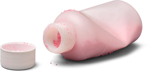 crushed medicine bottle with cap isolated white background, pink granular pediatric antibiotic residue scattered, side view with soft shadows