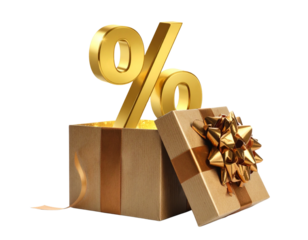 Christmas Discount Concept with Gold Percent Sign Emerging from Gift Box, Isolated
