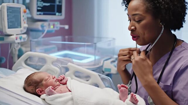 Caring Nurse Examines Newborn Baby in Neonatal Intensive Care Unit for Health Checkup