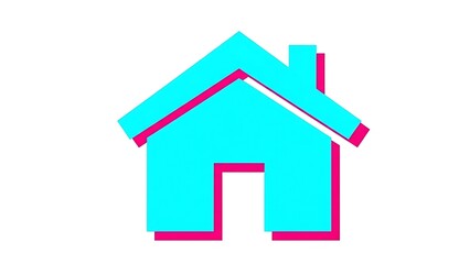 A minimalist house icon with a neon cyan and pink color scheme on a white background