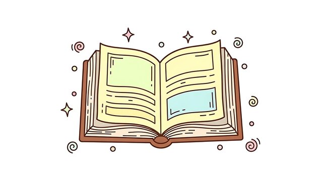 A charming doodle illustration of an open book with magical elements for learning and imagination